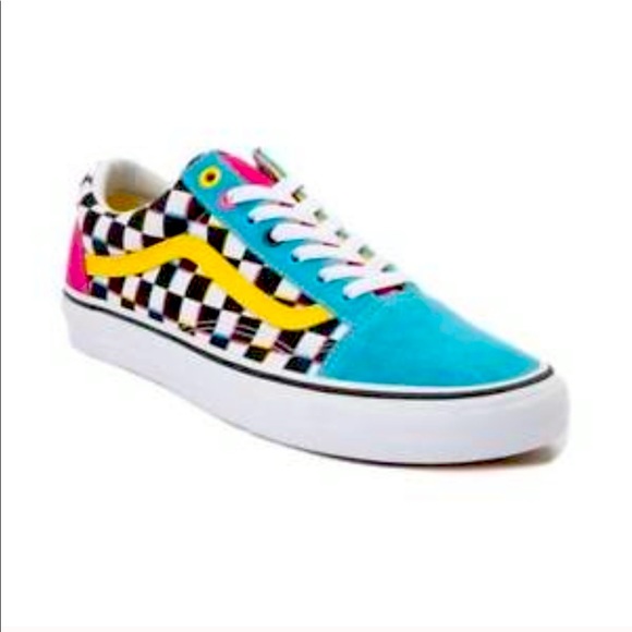pink yellow and blue checkered vans